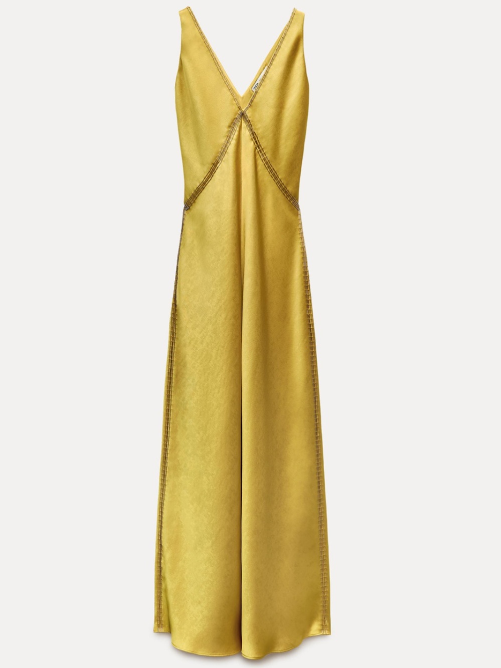 ZARA New Yellow Gold Satin Gown Maxi Dress V Neck Sleeveless Beaded Small *FLAWS